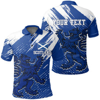Blue & white grunge polo shirt with Scotland emblem and roaring lion graphic