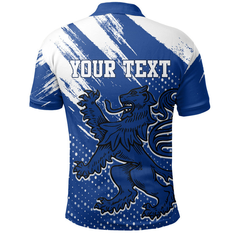 Back of blue & white grunge polo with 'YOUR TEXT' and lion crest artwork