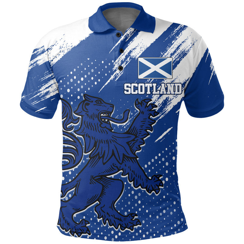 Blue & white grunge polo shirt, Scotland logo above lion graphic at chest