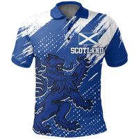 Blue & white grunge polo shirt, Scotland logo above lion graphic at chest