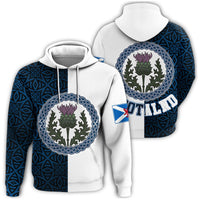 White pullover hoodie with blue geometric print and central thistle graphic