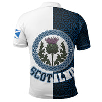 Scotland Celtic polo shirt back, thistle crest and 'SCOTLAND' text on blue print panel