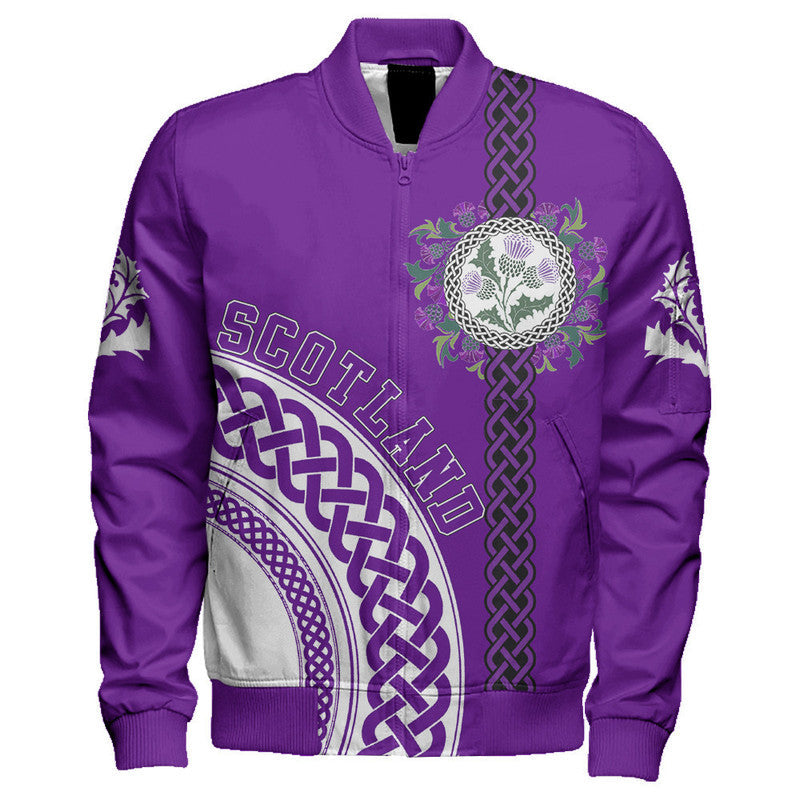 (Custom Text) Scotland Purple Thistle Sleeve Zip Bomber Jacket RLT12 - Wonder Print Shop