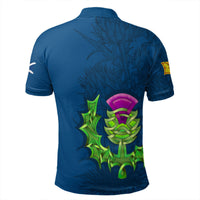 Blue polo shirt with back Celtic knot graphic, green-purple crest artwork, short sleeves