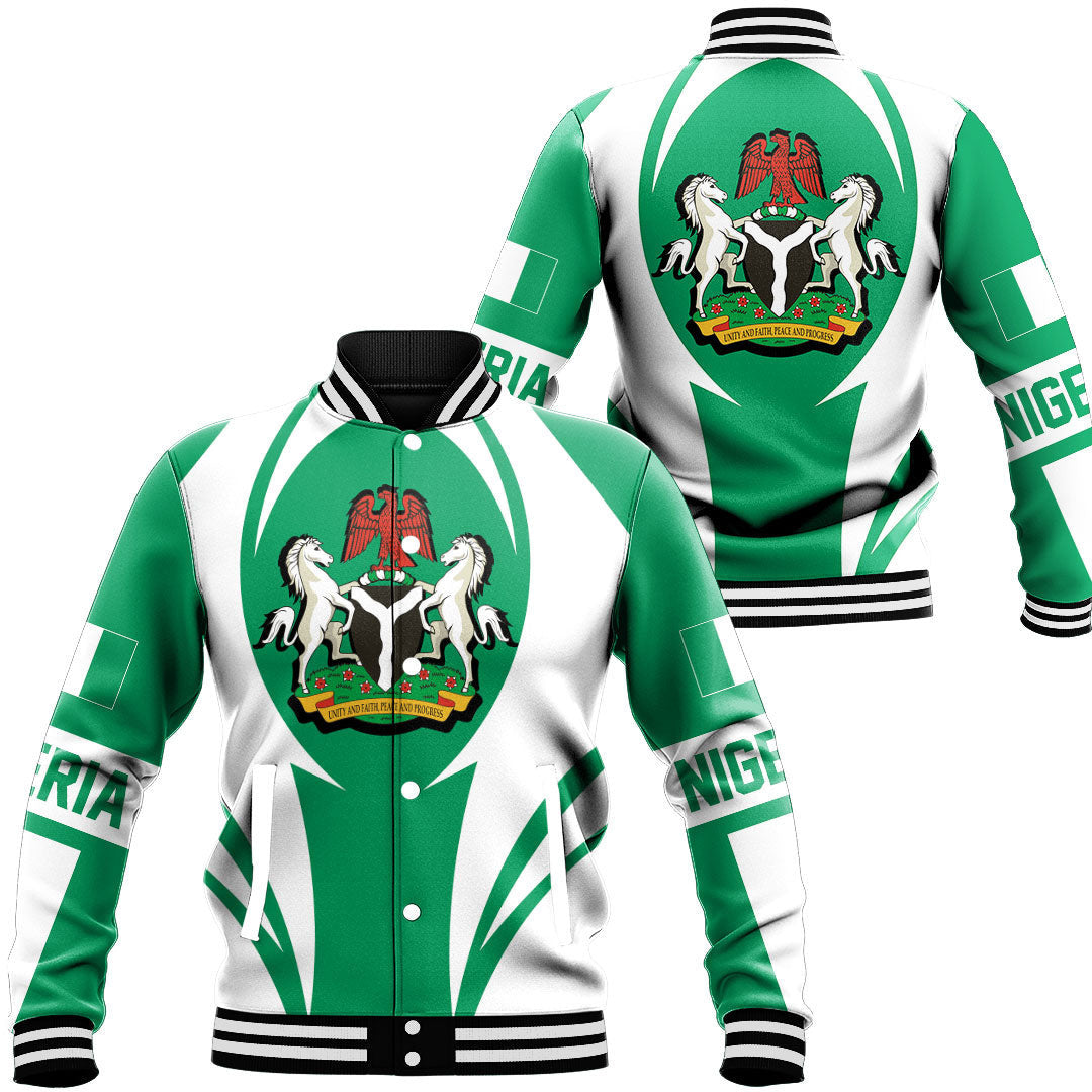 Green-and-white Nigeria crest baseball jacket with button front and striped collar