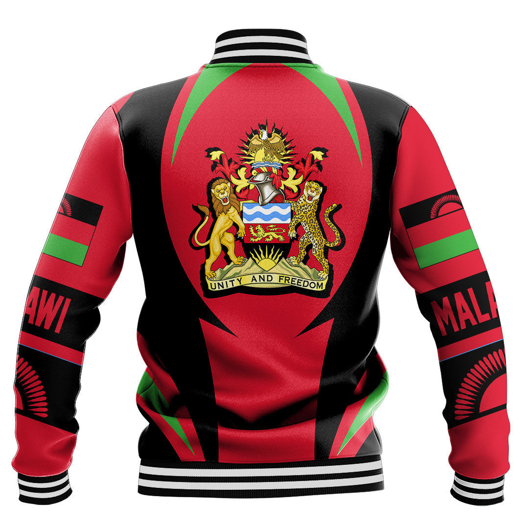 Back view red black baseball jacket with Malawi crest, striped collar and cuffs
