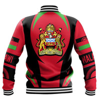 Back view red black baseball jacket with Malawi crest, striped collar and cuffs
