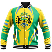 Unisex baseball jacket front: multicolor lion crest, snap buttons, ribbed striped cuffs
