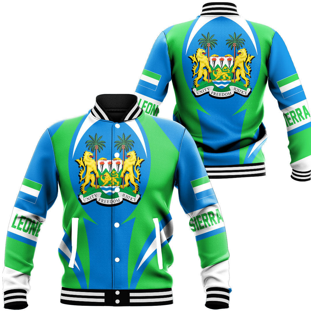 Unisex multicolor Sierra Leone baseball jacket, front and back crest graphic