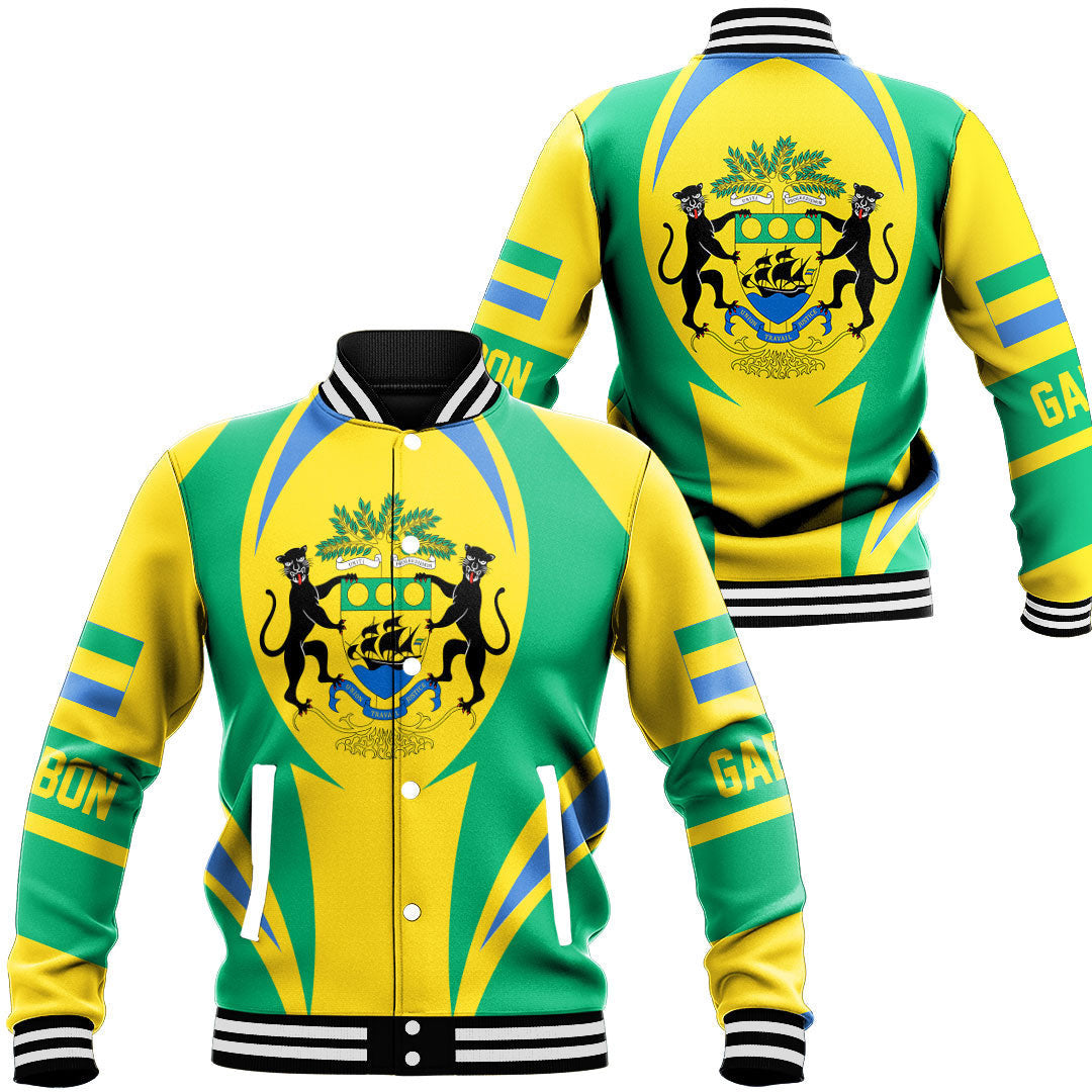Unisex baseball jacket with multicolor crest print and striped sleeves, snap-front