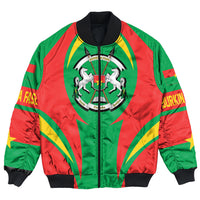 Unisex bomber jacket with Burkina Faso crest, red/green/yellow, ribbed cuffs and collar