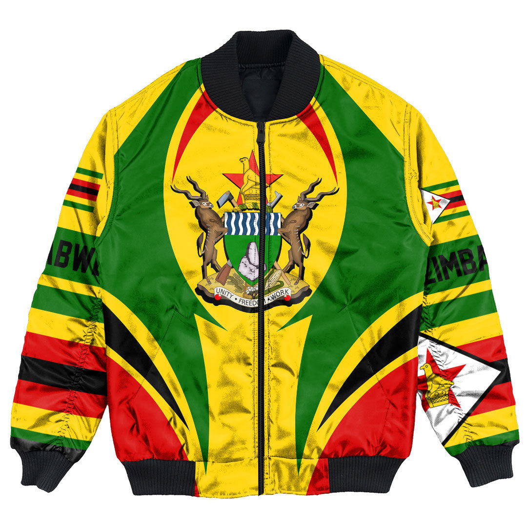 Multicolor bomber jacket with Zimbabwe flag crest, front zip and ribbed collar
