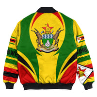 Multicolor bomber jacket with Zimbabwe flag crest on back, ribbed hem and cuffs