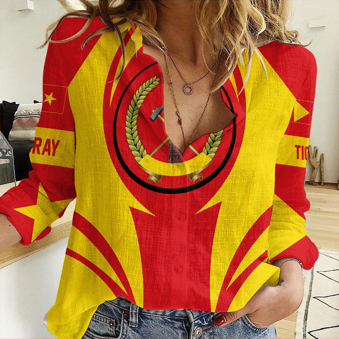 Women’s casual shirt with red and yellow flag print, long sleeves, button front