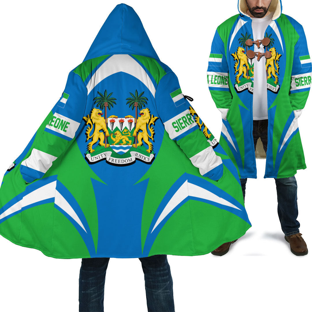 Unisex Sierra Leone flag action cloak with hood, multicolor lion emblem and lettering