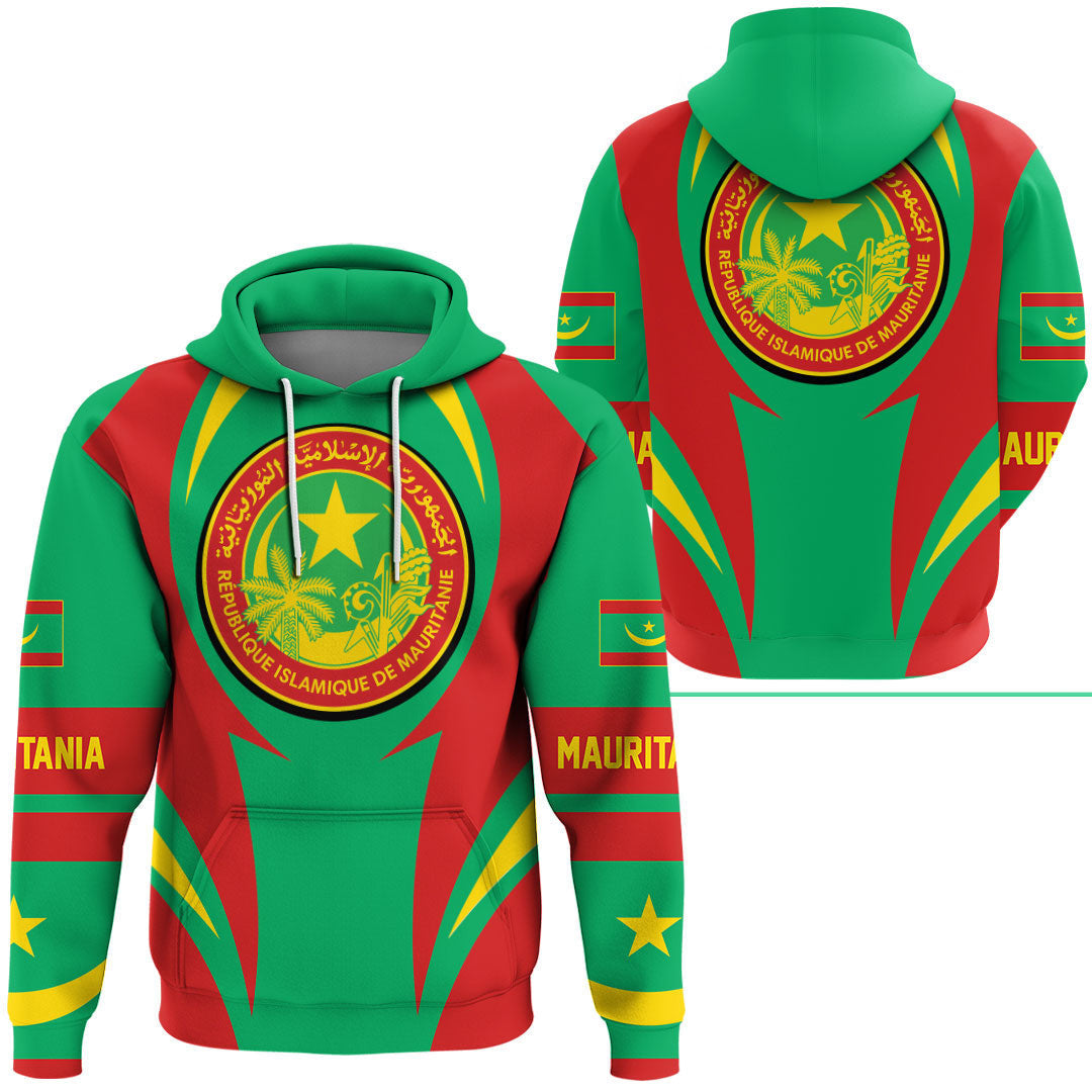 Green pullover hoodie with Mauritania flag crest graphic, hood and drawstring