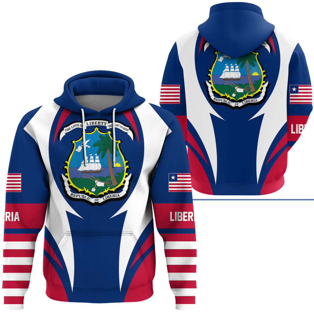 Pullover hoodie with Liberia crest and flag graphics, blue/red/white front