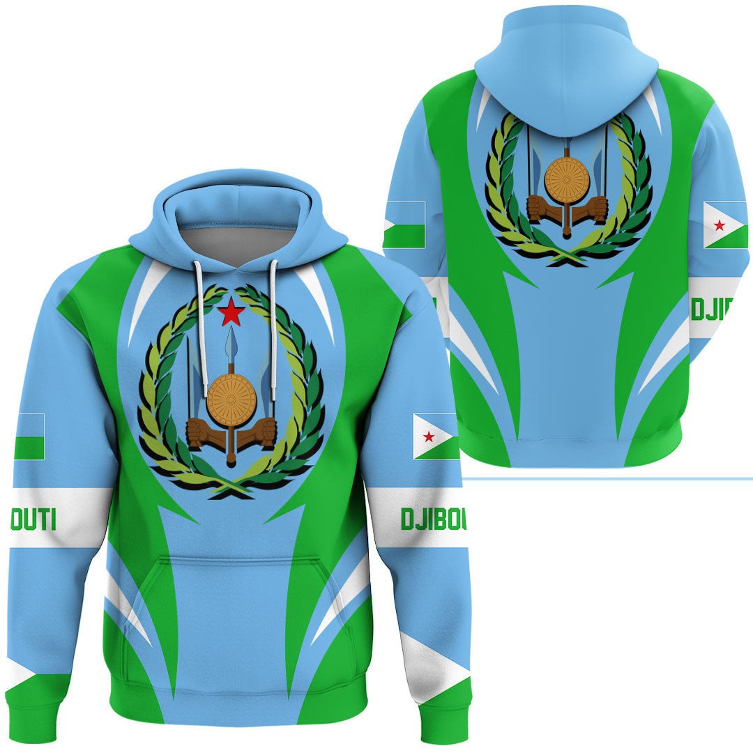 Djibouti flag pullover hoodie, blue with green accents and front emblem graphic