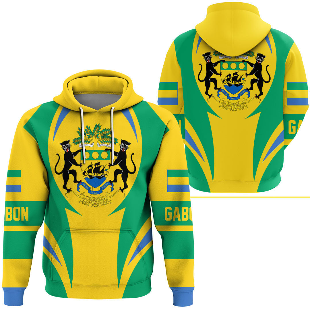 Multicolor pullover hoodie with front and back crest graphic, striped sleeves