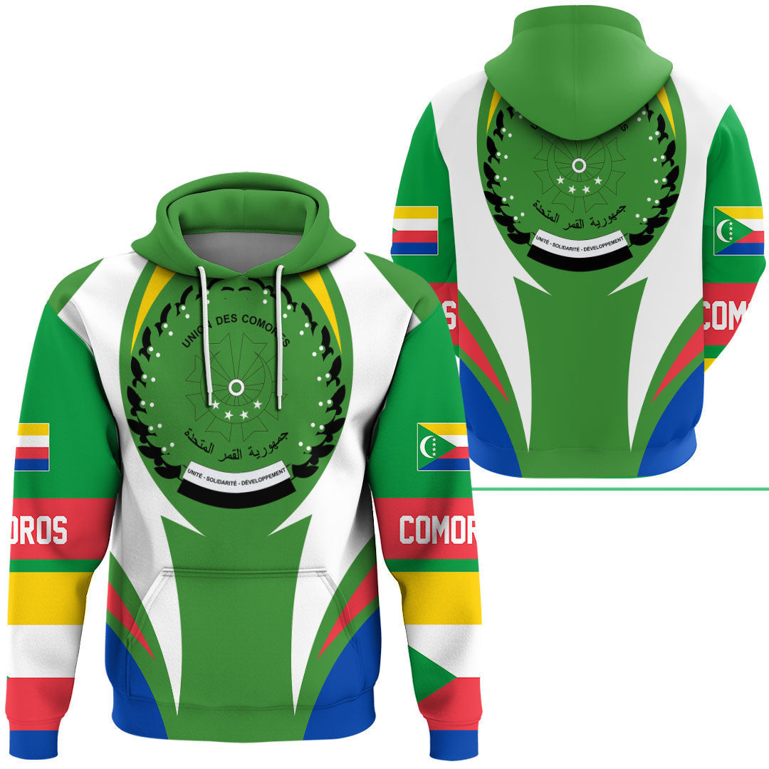 Pullover hoodie with multicolor Comoros flag graphic, green/white/blue/red sleeves