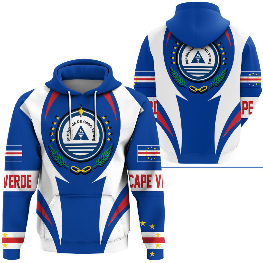 Pullover hoodie with Cape Verde flag and emblem graphic; blue hood, white and blue panels