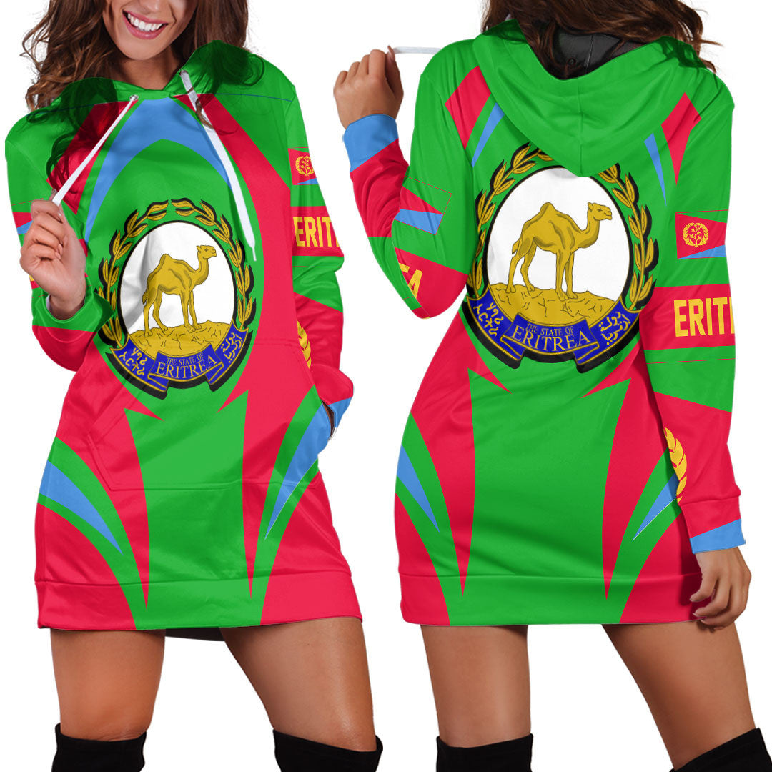Eritrea flag hoodie dress with multicolor striped design and camel emblem