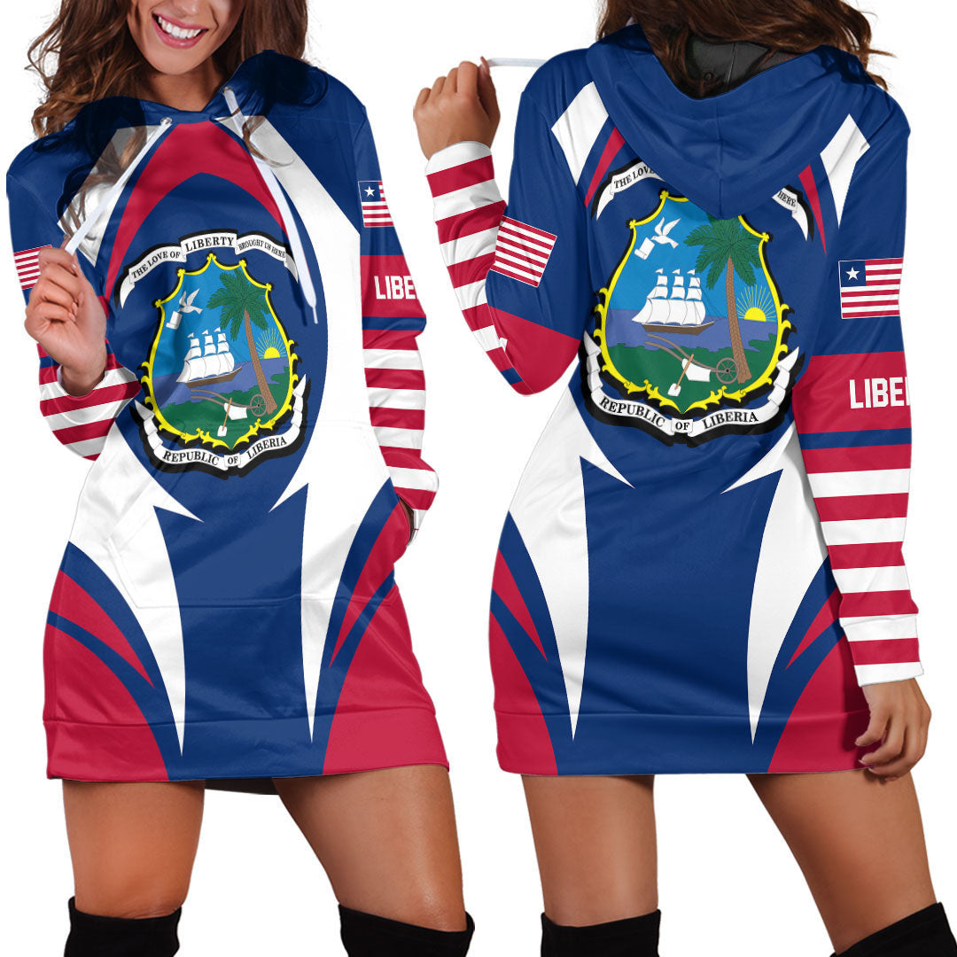 Multicolor Liberia flag hoodie dress, long sleeves, hood, front graphic logo