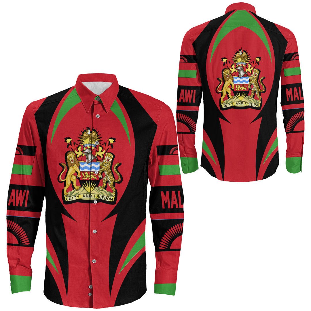 Red/black/green long-sleeve button shirt with Malawi crest and stripe cuffs