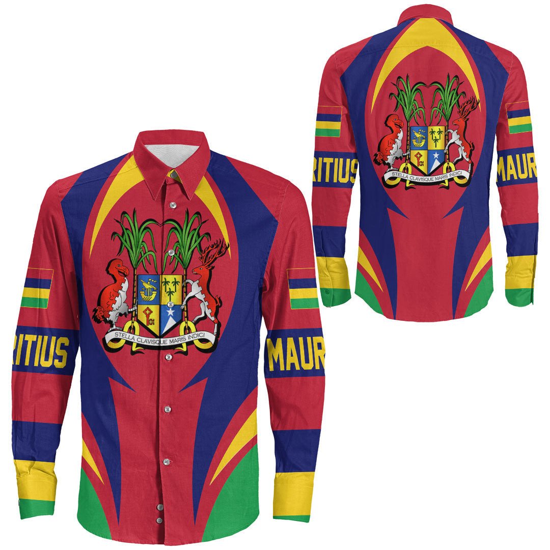Unisex long-sleeve button shirt with Mauritius flag graphic front and collar