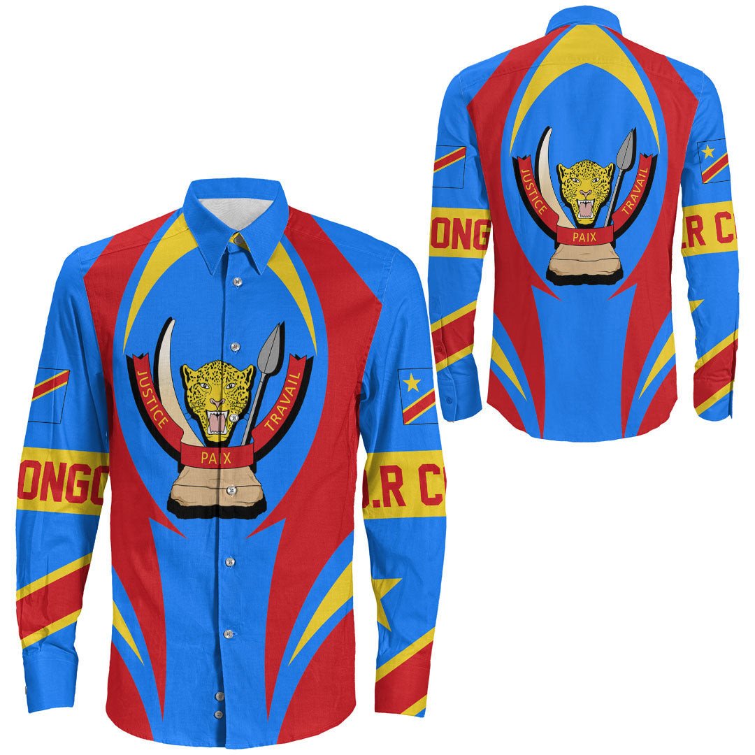 Multicolor long-sleeve button shirt, front graphic shield with Justice, Travail, Paix text