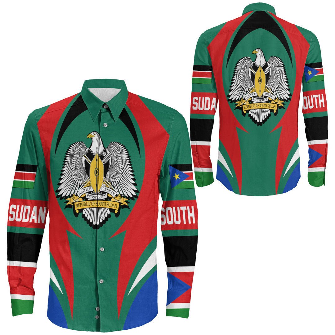 Wonder Print Shop Clothing - South Sudan Action Flag Long Sleeves Button Shirt RLT7 - Wonder Print Shop