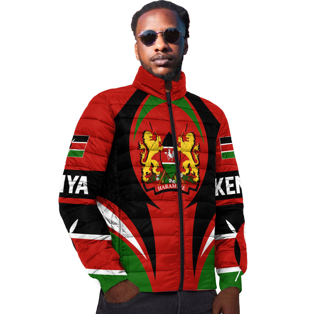 Unisex padded jacket with red, black, green Kenya flag and crest graphic, front view