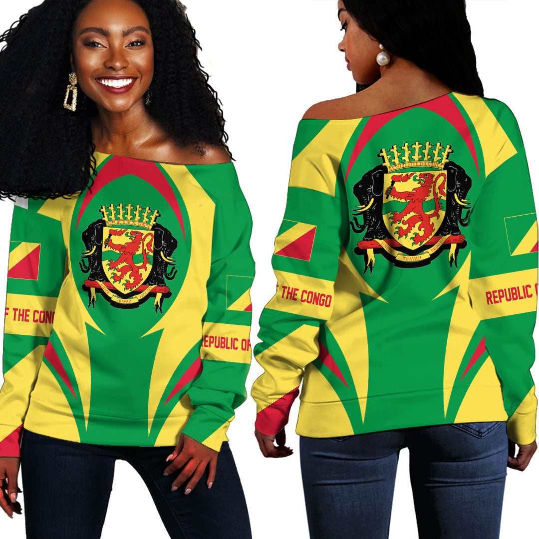 Wonder Print Shop Clothing - Republic Of The Congo Action Flag Off Shoulder Sweaters RLT7 - Wonder Print Shop