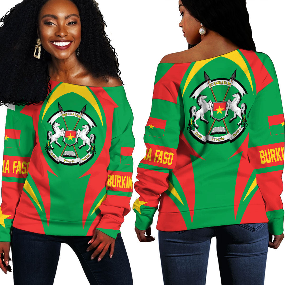 Wonder Print Shop Clothing - Burkina Faso Action Flag Off Shoulder Sweaters RLT7 - Wonder Print Shop