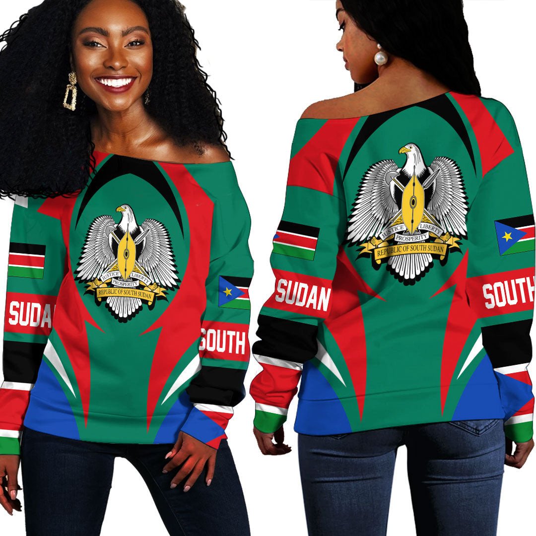 Wonder Print Shop Clothing - South Sudan Action Flag Off Shoulder Sweaters RLT7 - Wonder Print Shop