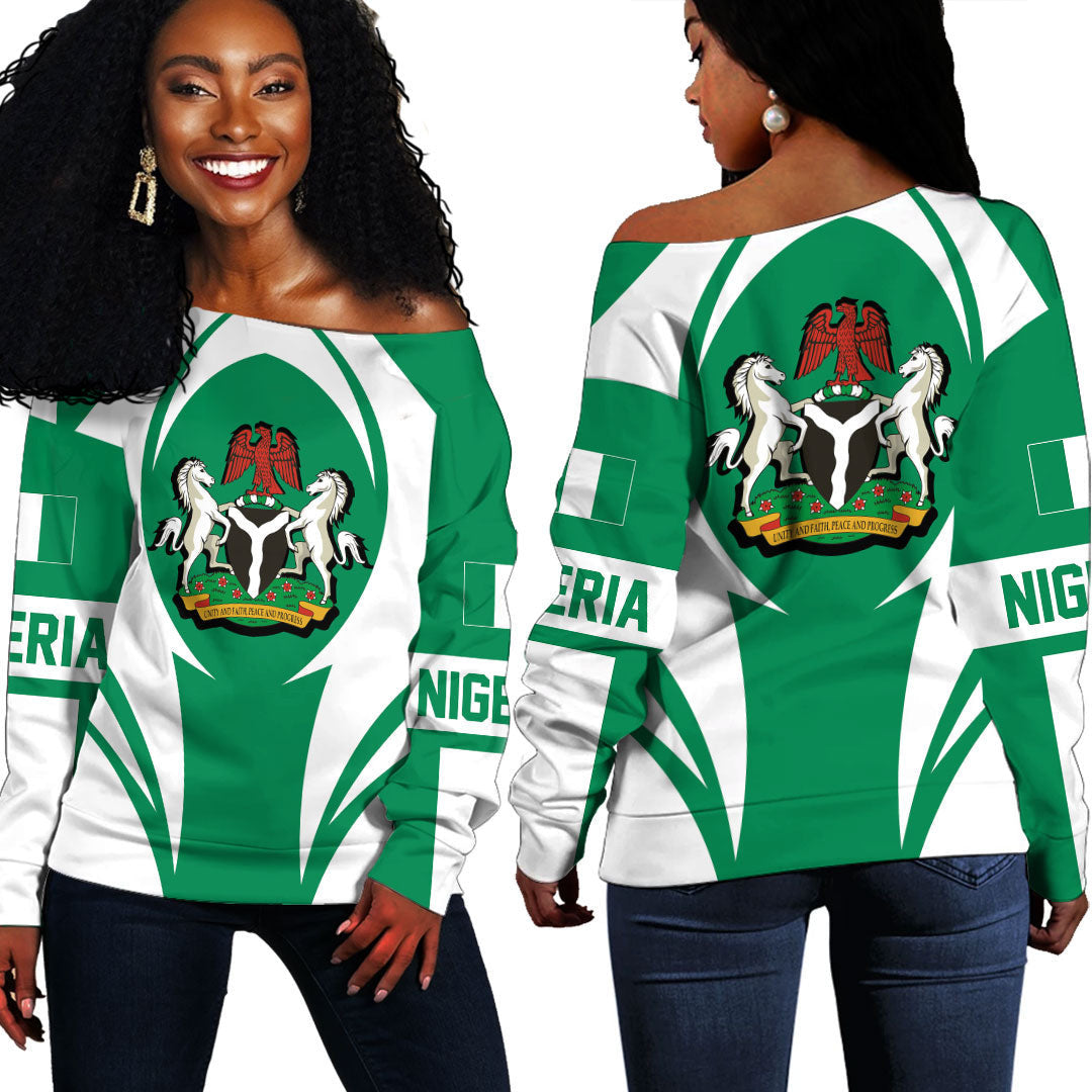 Wonder Print Shop Clothing - Nigeria Action Flag Off Shoulder Sweaters RLT7 - Wonder Print Shop