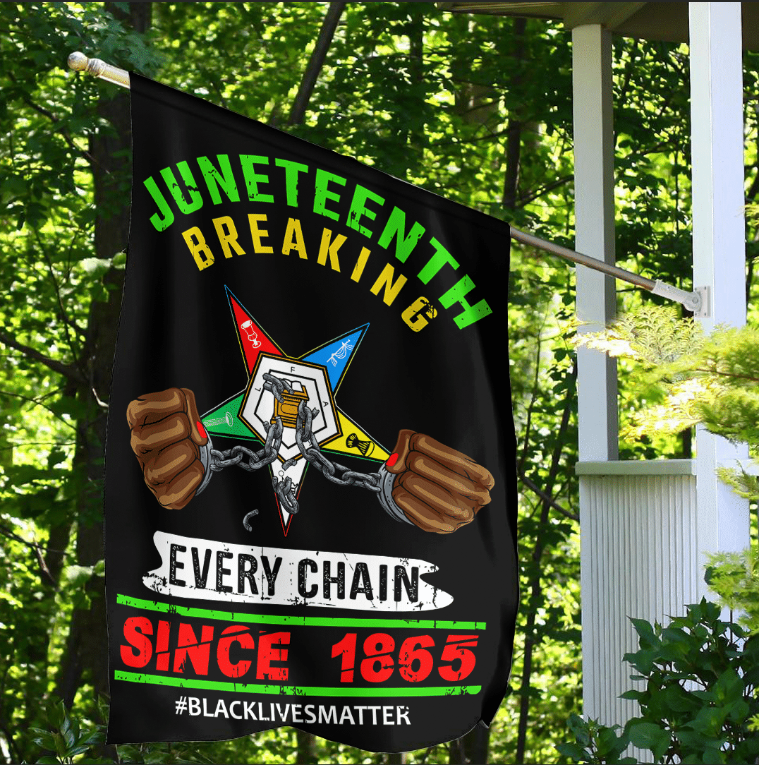 Black house flag with Juneteenth Breaking banner, chain-hands graphic, Since 1865 text