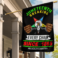 Black garden flag with Juneteenth Breaking Every Chain graphic, hands holding chains