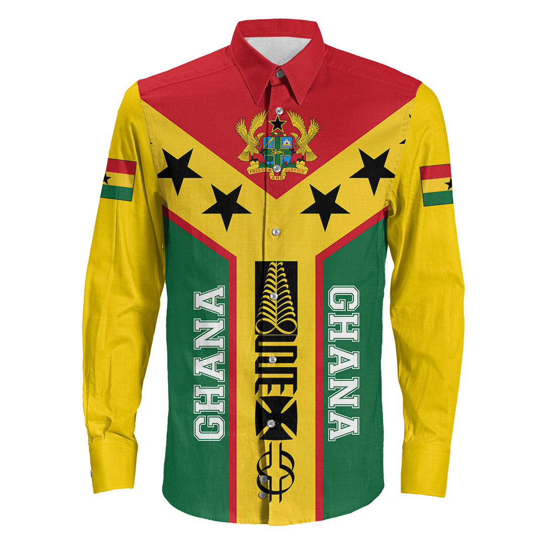 Ghana flag long-sleeve button shirt with Adinkra crest, stars, red yellow green panels