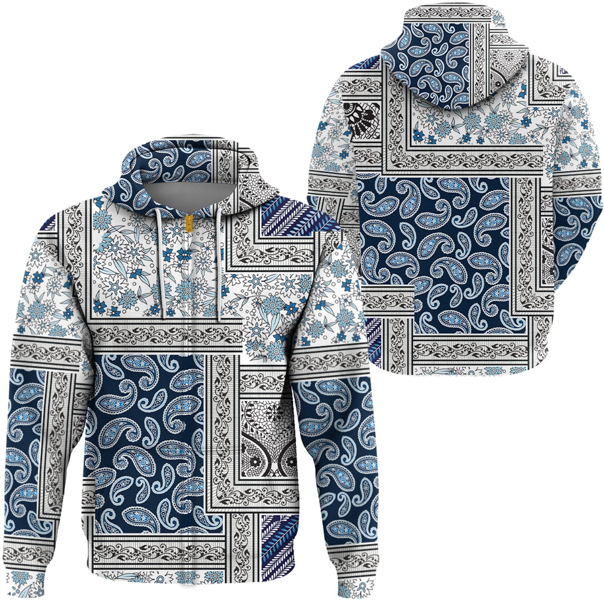 Paisley bandana print pullover hoodie, blue and white graphic panels, hood