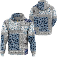 Paisley bandana print pullover hoodie, blue and white graphic panels, hood