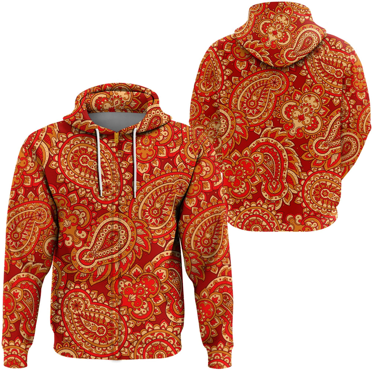 Red paisley print pullover hoodie with hood and front pouch, drawstring tie