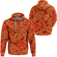 Red paisley print pullover hoodie with hood and front pouch, drawstring tie