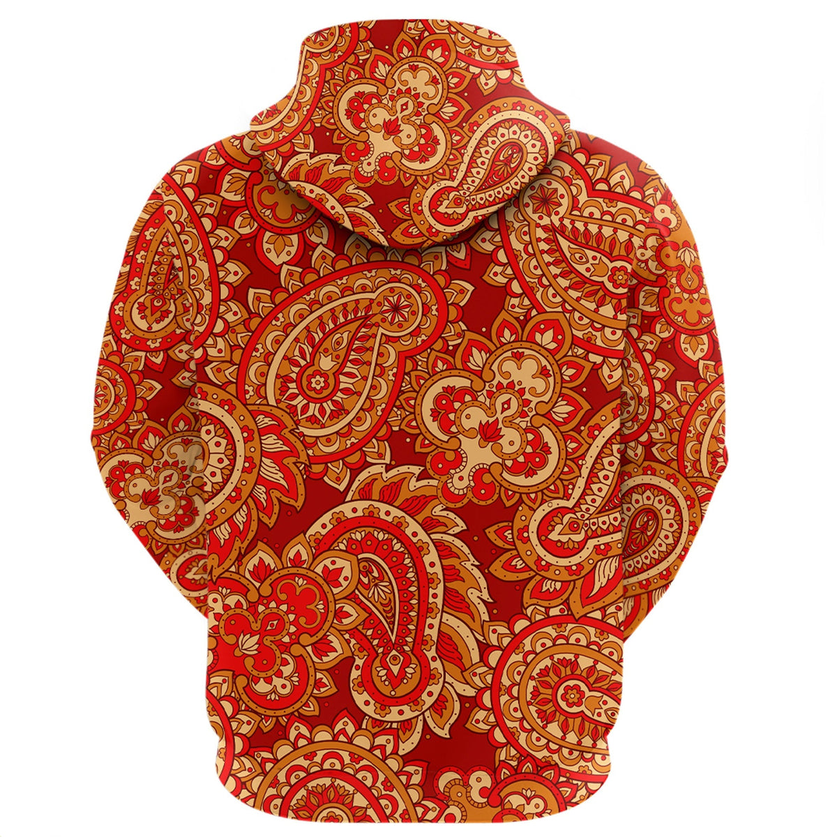 Red paisley pullover hoodie back with full pattern coverage and hood