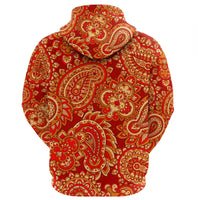 Red paisley pullover hoodie back with full pattern coverage and hood
