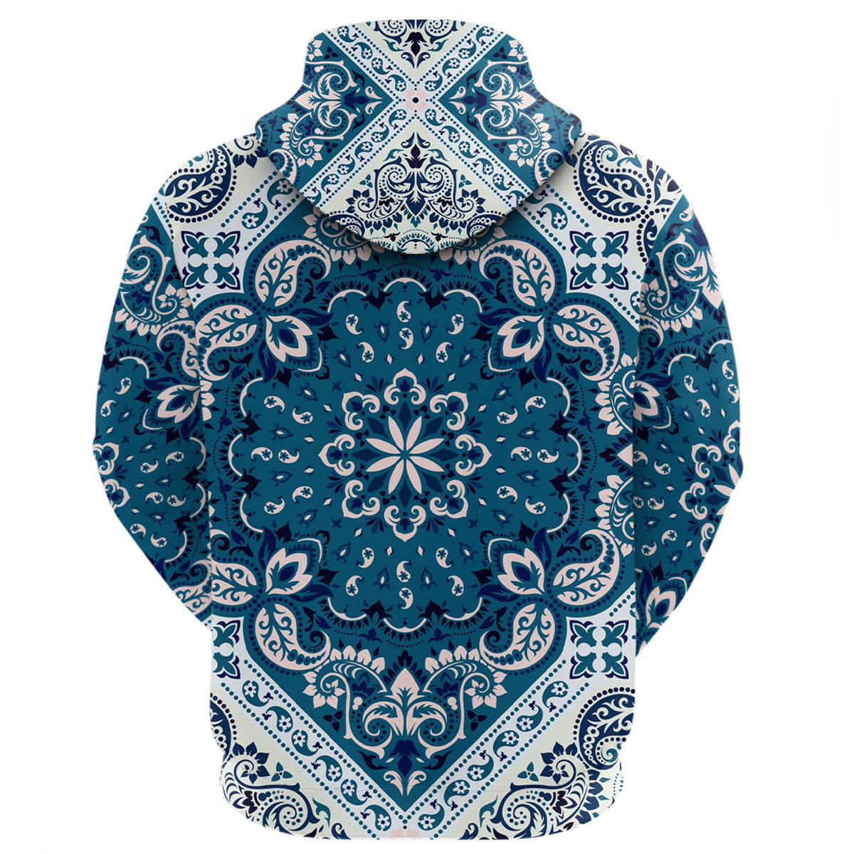 Back view of teal blue paisley bandana print pullover hoodie, hood up