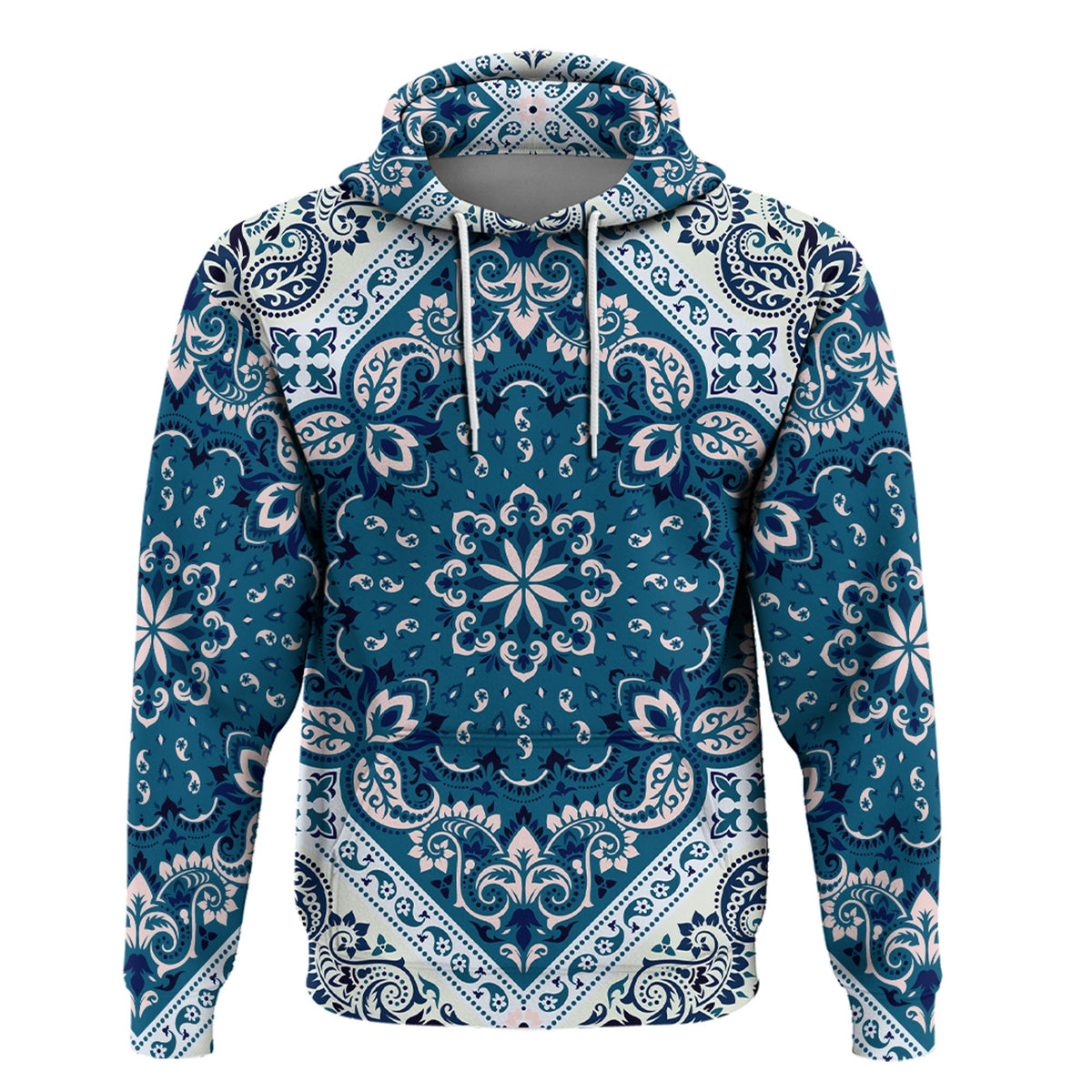 Teal blue paisley bandana pullover hoodie with white detailing, front view, drawstrings