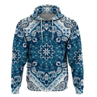 Teal blue paisley bandana pullover hoodie with white detailing, front view, drawstrings