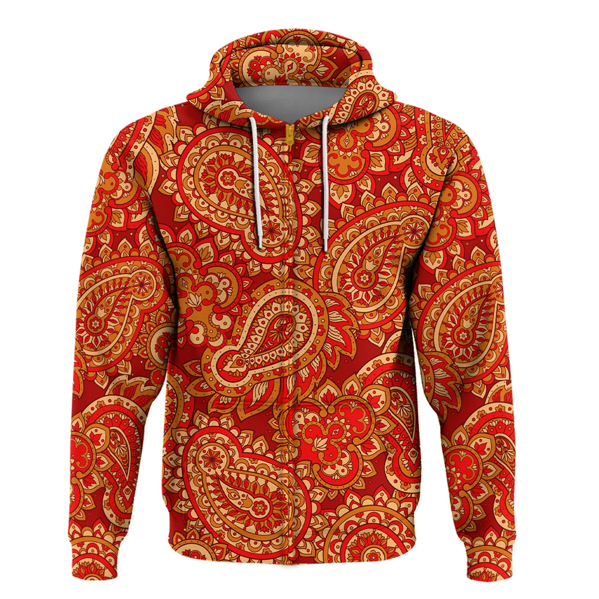 Red paisley hoodie front, kangaroo pocket and black drawstring
