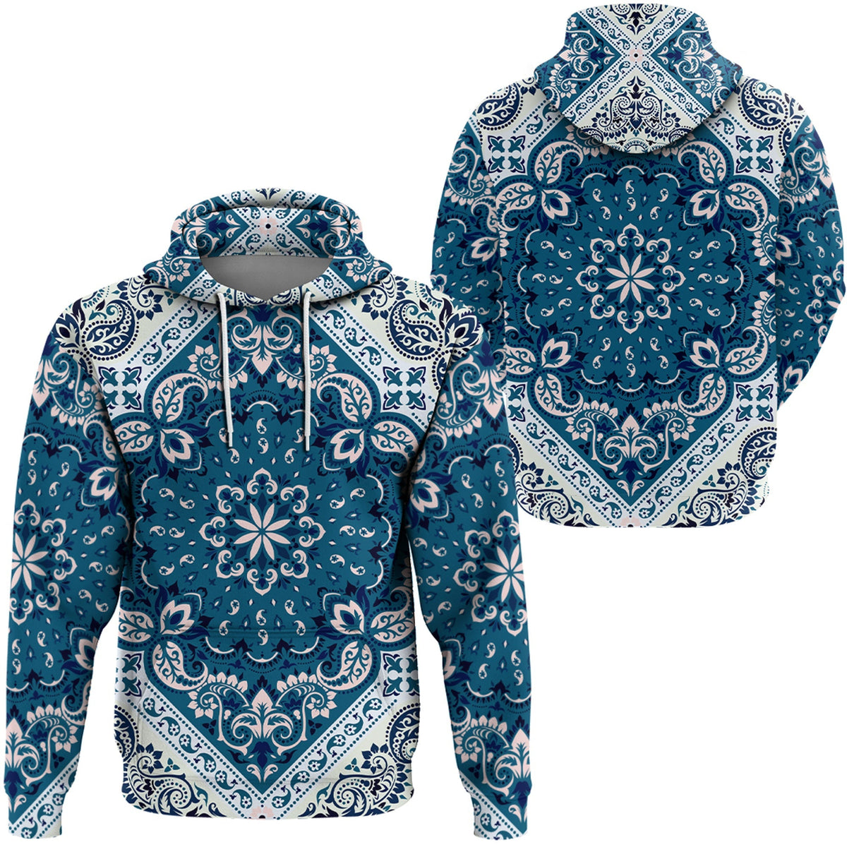 Blue paisley bandana pullover hoodie front view, kangaroo pocket, drawstring hood